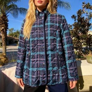 Appleseed's Navy and Teal Plaid Puffer Jacket Excellent Condition PL